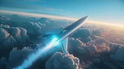 futuristic hypersonic missile soaring above the clouds dramatic aerial combat scene 3d render