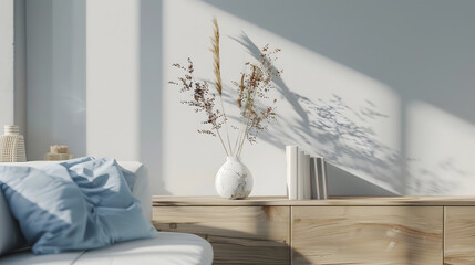 Minimalist composition of living room interior with wooden sideboard glass vase with dried flowers marble lamp books white sofa blue pillow and personal accessories Home decor Template : Generative AI