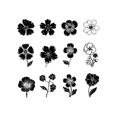 Flower icon set, black Flower isolated on white, vector illustration