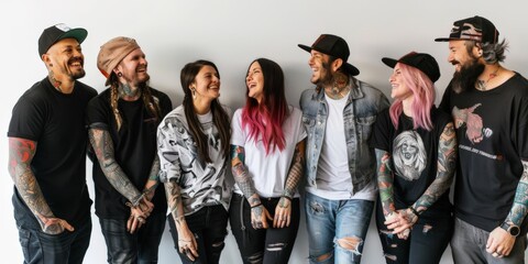 Candid photo of a group of tattoo artists standing against white backdrop wearing appropriate clothes

