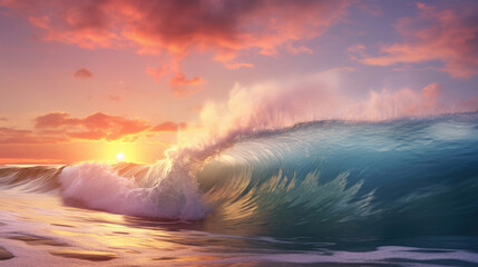 Fototapeta premium Vibrant sunset or sunrise with large wave crashing on beach under colorful clouds