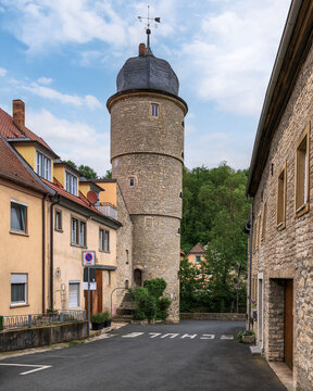 Charming narrow alley in medieval fairytale Marktbreit, Bavaria, Germany