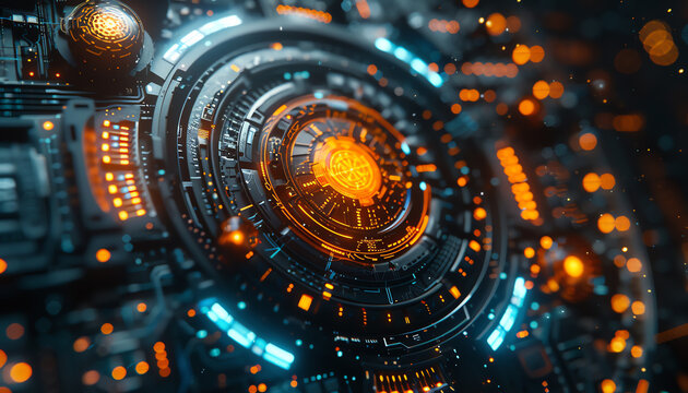 Capture a close-up shot of futuristic technologies seamlessly blending with intricate neural network patterns