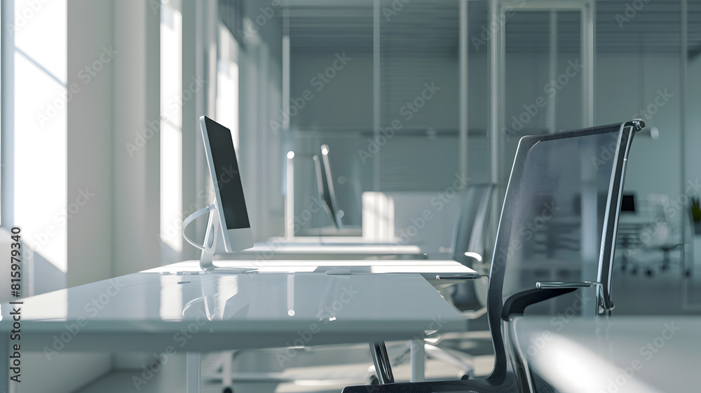 Poster Large angle view Interior of an empty modern office with an empty desk Business and workplace Clean interior of a corporate company : Generative AI