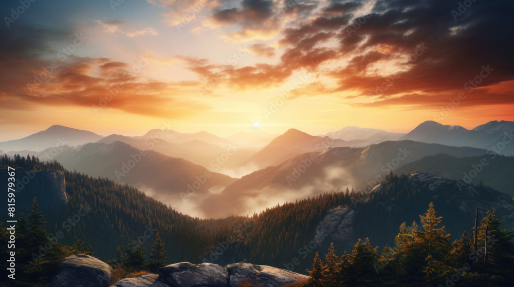 Wall mural Breathtaking view of vibrant sunrise or sunset over rugged mountain peaks with clouds