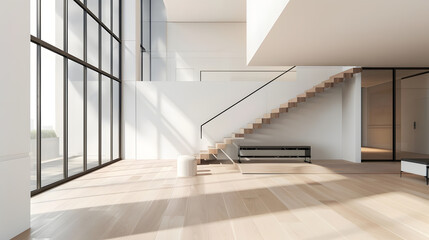 Contemporary home with minimal furnishings and decor light wood floor stairs white walls large...