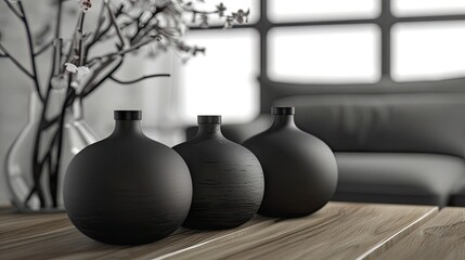 Trio of Ebony Vessels Adorning Rustic Oak Table