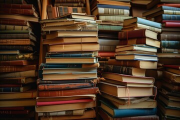 Multitude of old books piled high, showcasing an array of colorful spines and textures