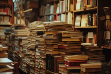 Piles of various books in a warm, dimly lit library setting