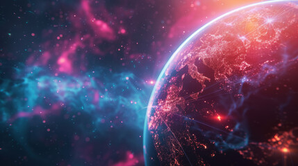 Obraz premium The virtual world displays a dazzling array of fluorescent hues, highlighting innovative progress, worldwide integration, and sophisticated AI capabilities.