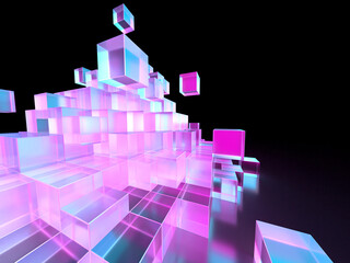 崩壊するクリスタルキューブのピラミッド。積み上げられたキューブの3Dイラスト