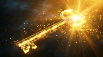 glowing golden key radiating magic light symbolic path to achievement and prosperity