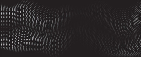 Flowing dots particles wave pattern halftone black gradient curve shape isolated on white background. Vector
