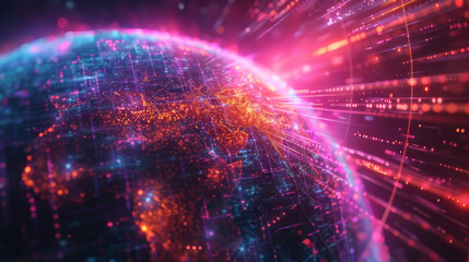 Fototapeta premium The virtual world features a dazzling array of fluorescent hues, highlighting innovative progress, worldwide communication, and cutting-edge AI tech.