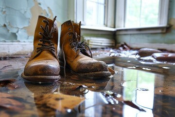 Worn-out leather boots amidst fallen leaves on a reflective water-covered floor inside a derelict building
