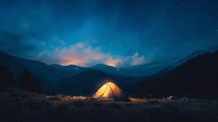 glowing tent under starry night sky in mountains outdoor camping adventure scene