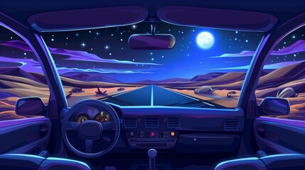 View from inside car through windshield on road in desert at night under full moon light. Car interior with steering wheel, control dashboard and GPS navigator.
