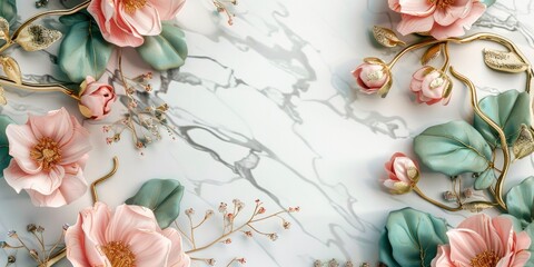 Pink and green flowers with golden leaves on white background, marble texture. - Powered by Adobe