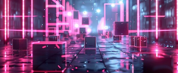 Abstract Flying Cubes And Geometric Shapes With Neon Lighting Exude Vibrancy And Modernity, Creating A Dynamic And Visually Engaging Scene, 3D Rendering