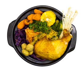 Korean noodle soup with red spicy Checken, rice and kimchi isolate on  PNG File.