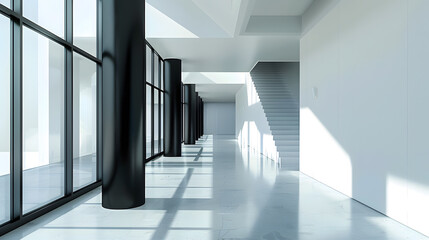 Interior of long empty passage with bright windows and black column with stairway in modern penthouse : Generative AI