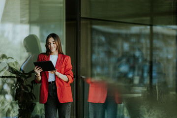 Confident businesswoman in red blazer outside glass office building at dusk