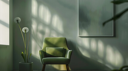 Green armchair between dandelion and plant in living room interior with copy space and grey painting : Generative AI