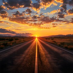Naklejka premium Winding Highway Leads into Glowing Sunset Landscape with Distant Mountains