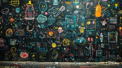 Fototapeta premium Colorful chalkboard with hand drawn doodles on it.