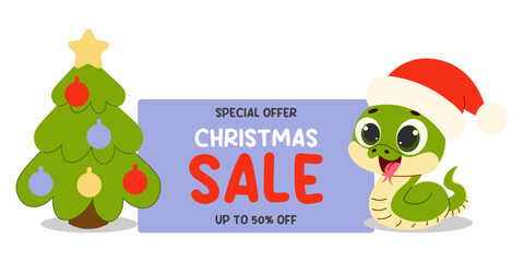 Christmas sale. Vector illustrations for website and banners, posters. Cute snake with christmas tree.