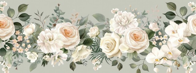 Elegant blush pink, white and sage green floral design with roses.