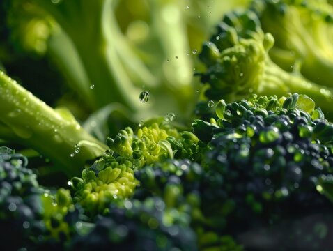 Close-up of fresh green broccoli florets with water drops