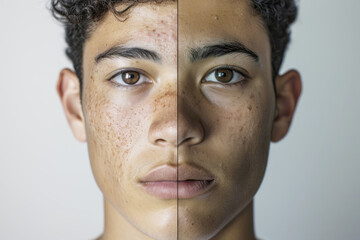 Split face portrait of young mixed race male, before and after acne treatment