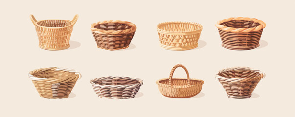 Woven wicker baskets set.Flat cartoon illustration vector