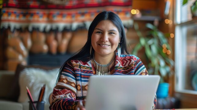 happy native american woman working remotely laptop video call diversity and inclusion