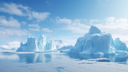 Arctic or Antarctic with bright blue ice formations and scattered ice floes, sunny sky