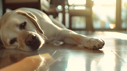 Warm toned high angle view at white Labrador dog lying on floor and waiting for owner in modern...