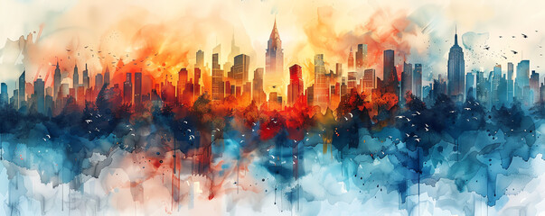 Paint a mesmerizing watercolor landscape featuring fantastical creatures weaving through a modern city skyline from an aerial viewpoint