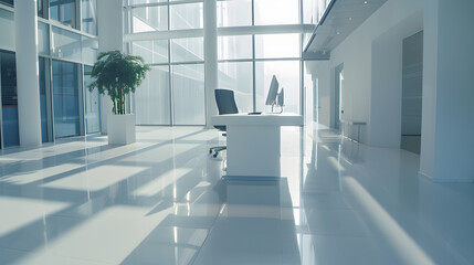 Large angle view Interior of an empty modern office with an empty desk Business and workplace Clean interior of a corporate company : Generative AI