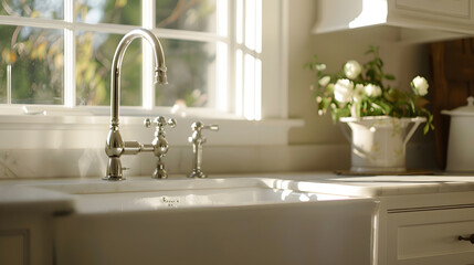 Farmhouse Sink as the focal point of a classic interior The photo captures the enduring appeal of traditional design elements that stand the test of time : Generative AI