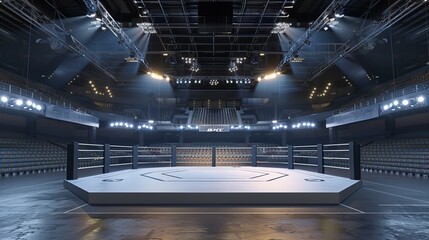 3D rendering of an empty MMA arena viewed from the side, featuring complete stands under lighting