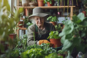 Obraz premium Elderly woman in a hat tenderly caring for potted plants in her lush indoor garden