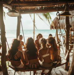 Girls laughing and relaxing as they sit on a tropical beach swing. A bridal party in a tree swing wearing swim suits, laughing, spring break, bachelorette, social, square

