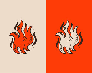 Fire flame icon with grunge texture. Vintage hipster fire flame logo, label, badge. Vector illustration.