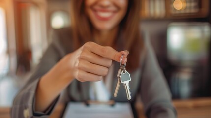 Woman realtor offering the keys of a new house to the client - Powered by Adobe