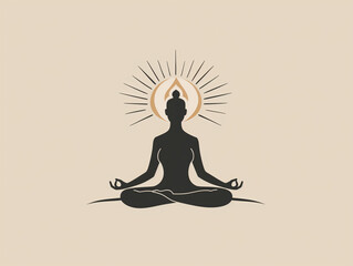  Silhouetted figure meditating with a radiant sun motif behind the head on a beige background.