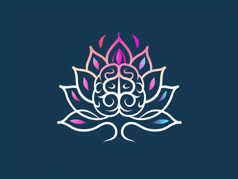 recommend clip art: An intricate lotus flower design with neon outlines in pink, purple, and teal on a navy blue background.