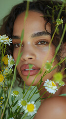 Close-up portrait of young woman amongst wildflowers