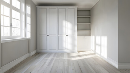 Interior of empty spacious bedroom with white walls and laminated floor and built in wardrobe : Generative AI