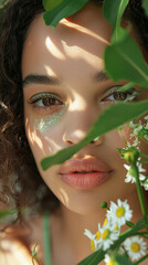 Close-up portrait of young woman with glitter makeup surrounded by green leaves